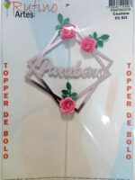 Topo de Bolo Quadrado Rosa Com Rosa Cor Rosa