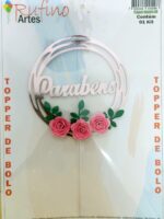 Topo de Bolo Circulo Rosa Com Rosa Cor Rosa