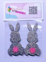 Aplique Coelho EVA 3D Prata com Pompom Rosa - 08cm - Pct 08 Und