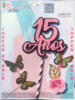 Topo de Bolo EVA Rosa 15 anos com Flor e Borboleta