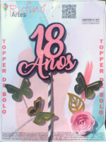 Topo de Bolo EVA Rosa 18 anos com Flor e Borboleta