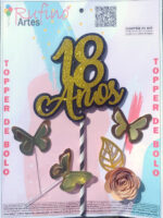 Topo de Bolo EVA Dourado 18 anos com Flor e Borboleta
