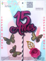 Topo de Bolo EVA Pink 15 anos com Flor e Borboleta