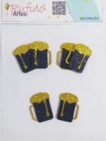 Aplique Caneca Chopp em EVA - Dourado/Preto - 3,5x4,5cm - Pct 06 Und