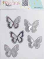 Borboleta 3D TNT/METALIZADA - Prata - Pct 05 Und