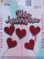 Topo de Bolo Feliz Aniversário Eva Coração Prata/Vermelho