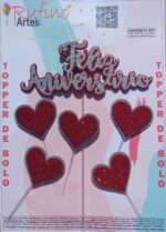 Topo de Bolo Feliz Aniversário Eva Coração Prata/Vermelho