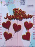 Topo de Bolo Feliz Aniversário Eva Coração Dourado/Vermelho