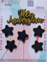 Topo de Bolo Feliz Aniversário Eva Estrela Dourado/Preto