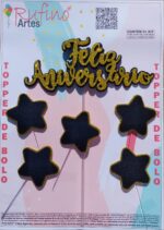 Topo de Bolo Feliz Aniversário Eva Estrela Dourado/Preto