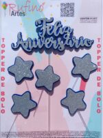 Topo de Bolo Feliz Aniversário Eva Estrela Prata/Azul