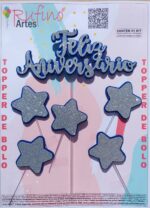 Topo de Bolo Feliz Aniversário Eva Estrela Prata/Azul