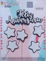 Topo de Bolo Feliz Aniversário Eva Estrela Branco/Preto