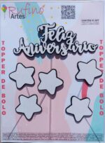Topo de Bolo Feliz Aniversário Eva Estrela Branco/Preto
