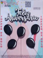 Topo de Bolo Feliz Aniversário Eva Balão Branco/Preto