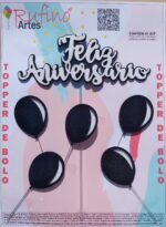 Topo de Bolo Feliz Aniversário Eva Balão Branco/Preto