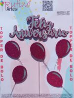 Topo de Bolo Feliz Aniversário Eva Balão Prata/Pink