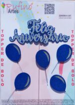 Topo de Bolo Feliz Aniversário Eva Balão Prata/Azul