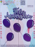 Topo de Bolo Feliz Aniversário Eva Balão Prata/Violeta