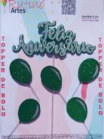 Topo de Bolo Feliz Aniversário Eva Balão Prata/Verde Bandeira
