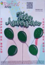Topo de Bolo Feliz Aniversário Eva Balão Prata/Verde Bandeira