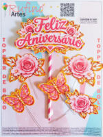 Topo de Bolo Feliz Aniversário Rosa e Borboleta Rosa