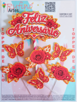 Topo de Bolo Feliz Aniversário Rosa e Borboleta Vermelha