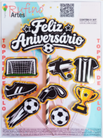 Topo de Bolo Feliz Aniversário Futebol Preto Mod 03