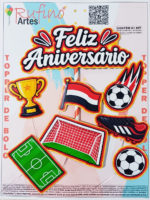 Topo de Bolo Feliz Aniversário Futebol Vermelho e Preto Mod 03