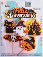 Topo de Bolo Feliz Aniversário Halloween Gato Preto
