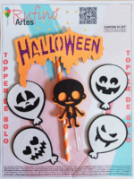 Topo de Bolo Halloween Caveirinha Preta Bexiga Branca EVA