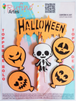 Topo de Bolo Halloween Caveirinha Branca Bexiga Laranja EVA