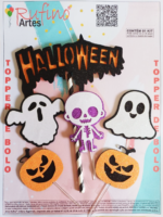 Topo de Bolo Halloween Caveirinha Branca e Fantasminha EVA