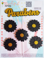 Topo de Bolo Parabéns com Margaridas Pretas em EVA