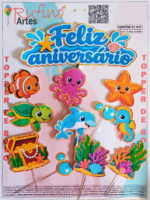 Topo de Bolo Feliz Aniversário Fundo do Mar Azul Mod 02
