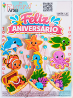 Topo de Bolo Feliz Aniversário Fundo do Mar Rosa Mod 02