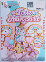 Topo de Bolo Feliz Aniversário Unicórnio Fofinha
